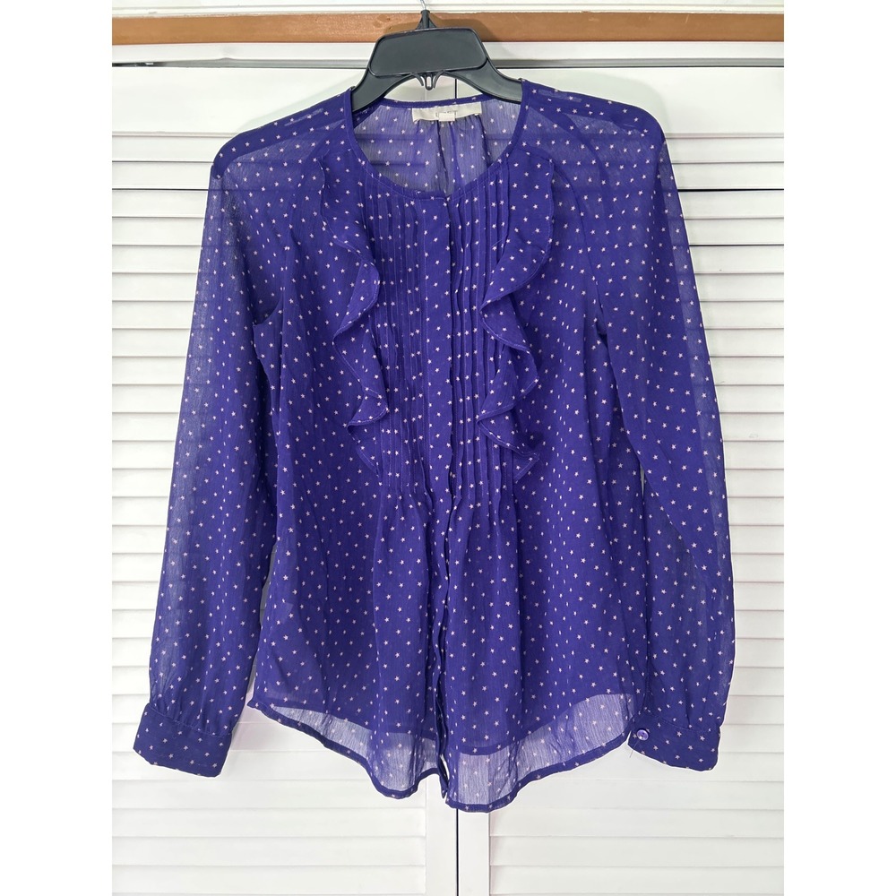 Ann Taylor Loft Purple Star Print Ruffle Pintuck Long Sleeve Blouse Small